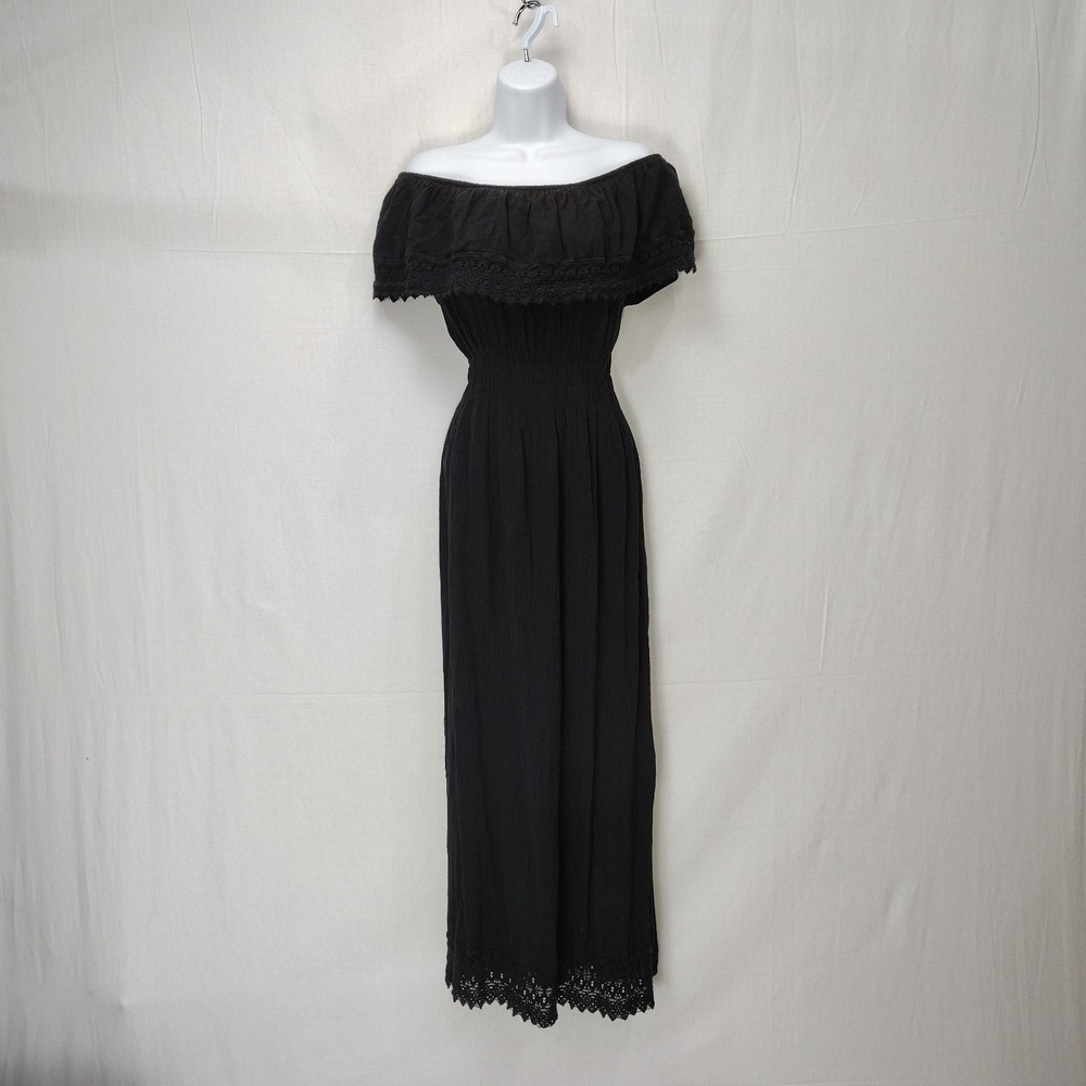 Bohemian Black On Off Shoulder Maxi Dress Short Sleeve Smocked Waist‎ SZ. Large